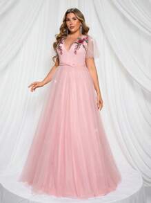 Glamrae Plus Size V-Neck Ruffle Sleeve, Pink Puff Princess Dress With Embroidered Floral Applique, Formal Evening Gown, Party Dress, For Wedding Guest - Pink - View 4
