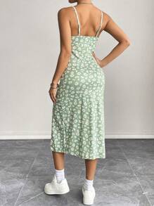 SHEIN PETITE Vestido de mujer de talla grande con ajuste delgado, abertura lateral, tirantes tipo espagueti y estampado floral pequeño - verde menta - Ver 2