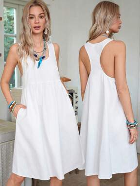 LanaWest Women's Casual Sleeveless Loose Solid Color Denim Dress, Summer