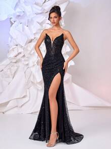 Glamrae Elegant And Gorgeous Black Sequin Embroidery Handmade Black Pearl Avant-Garde Special V-Neck Waist Section Perspective Sexy Slit Fishtail Skirt Tail, Suitable For Dinner, Bachelorette Party, Date, Vacation, Back To School Season, Graduation Season, Wedding Events, Heavy Industrial Evening Dress (Heavy Model) - Black - View 3