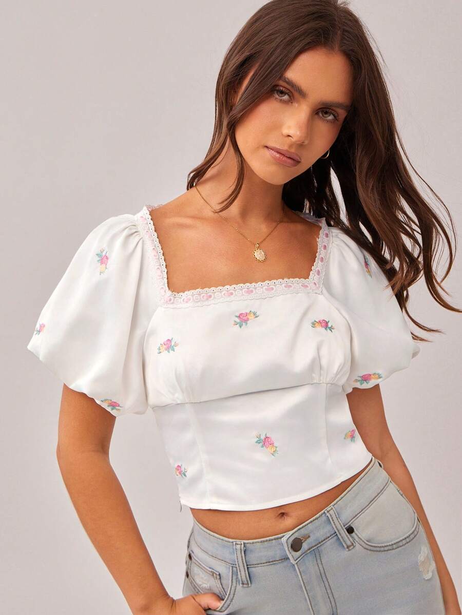 WESTFADE Summer Country Western Floral Embroidered Satin Lace Through Square Neck Cute Short Puff Sleeve Cowgirl Rodeo Crop Top - White - View 1