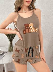 SHEIN 2pcs/Set Bear Print Ruffle Strap Shorts Pajama Set - Multicolor - View 6