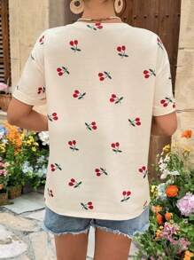 SHEIN T-shirt d'été de maternité décontracté à col rond et épaules tombantes avec imprimé cerises