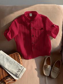 SHEIN LMoss Kids LMoss 男童休闲基本款翻领衬衫，带口袋，舒适透气 - 紅色 - 查看 4