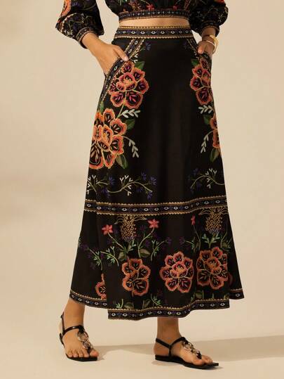 CAJUNI Falda de línea A con estampado floral tropical colorido para vacaciones, informal para mujeres