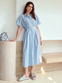 MOTF STUDIO 条纹印花水钻细节连衣裙 - 藍白色 - 查看 6