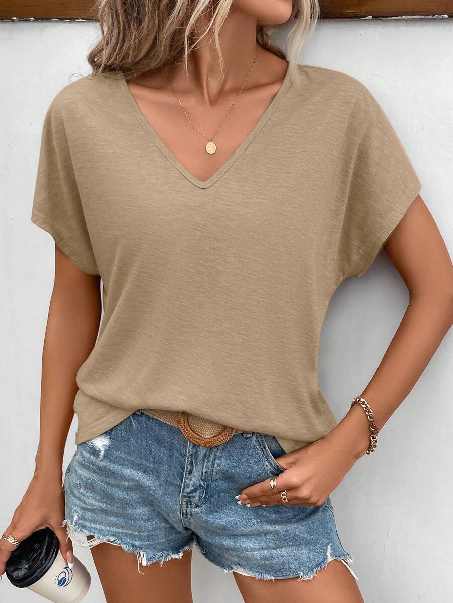 SHEIN Frenchy Áo thun tay ngắn cổ chữ V rộng rãi đơn giản màu trơn - Màu be - Xem 1