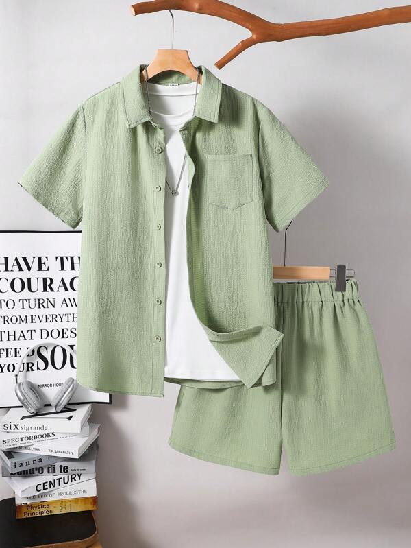 SHEIN 2 Pcs Teen Boys' Casual Comfortable Textured Knit Short Sleeve Shirt And Shorts Set, Spring Wear