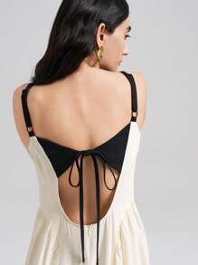 Ontre Apricot Linen Casual Dress With Black Straps, Long Style Suitable For Summer Daily Wear - Black and White - View 2