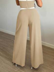 SHEIN SXY 女士高腰褶皱阔腿宽松西装裤 - 卡其色 - 查看 2