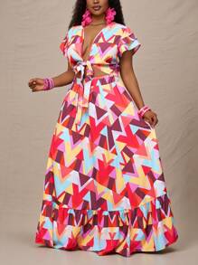 Slaydiva Women Plus Size Red Sequin Summer Boho Vacation Holiday Geometric Print Tie-Bow Flounced Sleeve Top & High Waist A-Line Split Hem Skirt Set - Multicolor - View 5