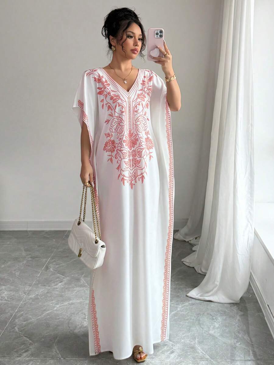 Rafferiza Casual Elegant V-Neck Batwing Sleeve Loose Hem Slit Floral Print Non-Stretch White Dress, Women Spring Summer