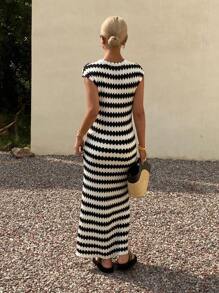 DAZY 夏季新款海滩度假风条纹针织女装连衣裙 女士毛衣连衣裙 度假 - 黑色 - 查看 2