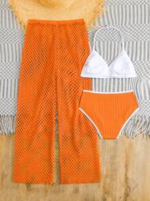 SHEIN Tween Girls 3pcs Bikini Set, Summer Beach - Orange - View 2
