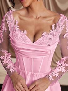 Glamrae Elegant Luxury Sheer Long Sleeve Lace, Crystal & Pearl Embroidery, Mesh & Satin Paneled Maxi Dress With Fishtail Hem, Suitable For Weddings, Parties, Honeymoon, Bride - Baby Pink - View 7