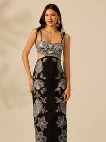 CAJUNI 女式黑白热带花卉刺绣印花镂空腰后绑带无袖黑色连衣裙，伊比沙岛女士假日休闲夏装夏季服装