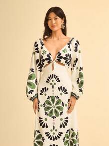 CAJUNI Women's Boho Vintage Floral Print Backless Dress With Waist Cutout, Long Sleeve Vacation Style