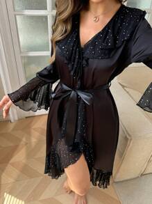 SHEIN Fashionable V-Neck Long Sleeve Sequined Mesh Women's Robe Luxeloungewear - Black - View 4