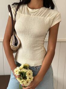 SHEIN EZwear Summer Vacation Beach T-Shirt Textured Round Neck Fitted Apricot Color - Apricot - View 4