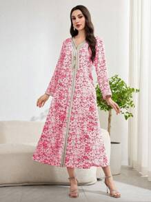 Al Najma Women Floral Print Patchwork Belted Long Sleeve Arabic Dress, Modest - Multicolor - View 3