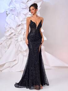 Glamrae Elegant And Gorgeous Black Sequin Embroidery Handmade Black Pearl Avant-Garde Special V-Neck Waist Section Perspective Sexy Slit Fishtail Skirt Tail, Suitable For Dinner, Bachelorette Party, Date, Vacation, Back To School Season, Graduation Season, Wedding Events, Heavy Industrial Evening Dress (Heavy Model) - Black - View 7