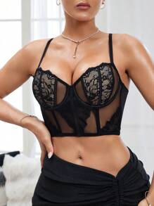 SHEIN 1 Pc Lace Patchwork Women's Underwear With Wire - Black - View 4