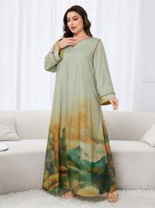 Al Najma 大码女式风景印花缺口领优雅长袖土耳其和阿拉伯风格长裙，端庄的卡夫坦 - 彩色 - 查看 3
