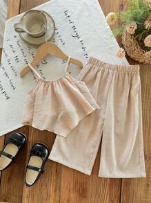 SHEIN LMoss Kids 2件套女婴针织纯色无袖上衣和宽松休闲裤套装 - 米色 - 查看 5