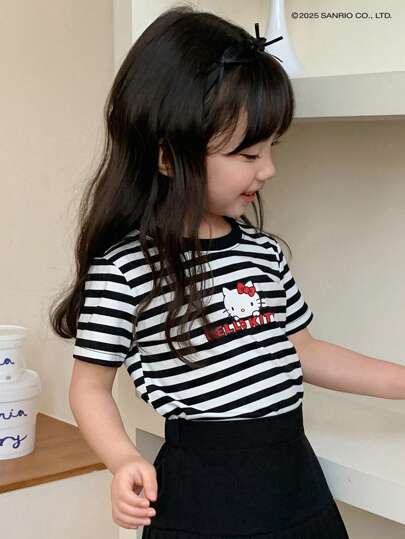 HELLO KITTY | DAZY 年轻女孩秋装联名条纹针织短袖 T 恤，适合小女孩，春夏季
