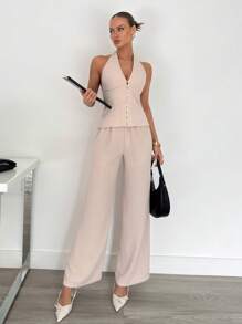 SHEIN Essnce Butter Yellow Women Two Pieces Outfits For Daily Wear Women Clothing Formal Women Summer Clothing,Office Outfits For Women,Business Casual Woman,Work Clothes Women,Vacation Two Pieces Set Women Plus Clothing Formal - Apricot - View 5