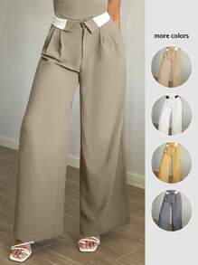 SHEIN SXY 秋冬褶皱阔腿西装裤 - 駝色 - 查看 1