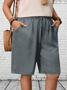 EMERY ROSE Plus Size Women Solid Color Waist Tie Pocket Casual Loose Shorts