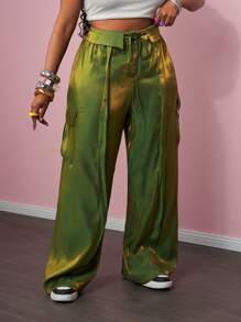 Slaydiva 2025 春夏新款音乐节 & 街头 & 度假阔腿裤女士宽松修身翻领腰部装饰工装口袋加大码 - Z