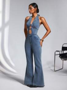 SHEIN ICON 女士休闲日常水洗镂空露背连体裤 - 藍色 - 查看 3