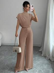 Chiquease 优雅休闲杏色梭织圆领无袖女衬衫，杏色梭织阔腿裤，女款两件套 - 卡其色 - 查看 8