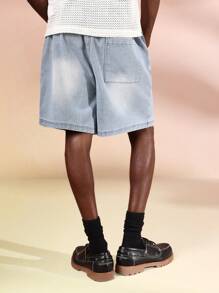 SUMWON Quần short denim dáng rộng thoải mái có dây rút mặc mùa hè, quần short jean dài đến đầu gối, quần short cotton cổ điển, phong cách thể thao, bãi biển, thường ngày - Màu xanh lam - Xem 2