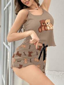 SHEIN 2pcs/Set Bear Print Ruffle Strap Shorts Pajama Set - Multicolor - View 5