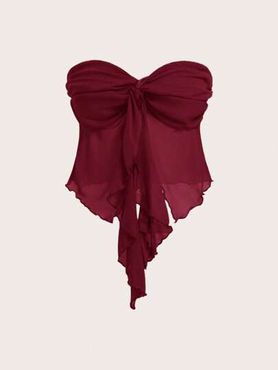 SHEIN EZwear 女士夏季新款勃艮第色网眼扭纹抹胸上衣