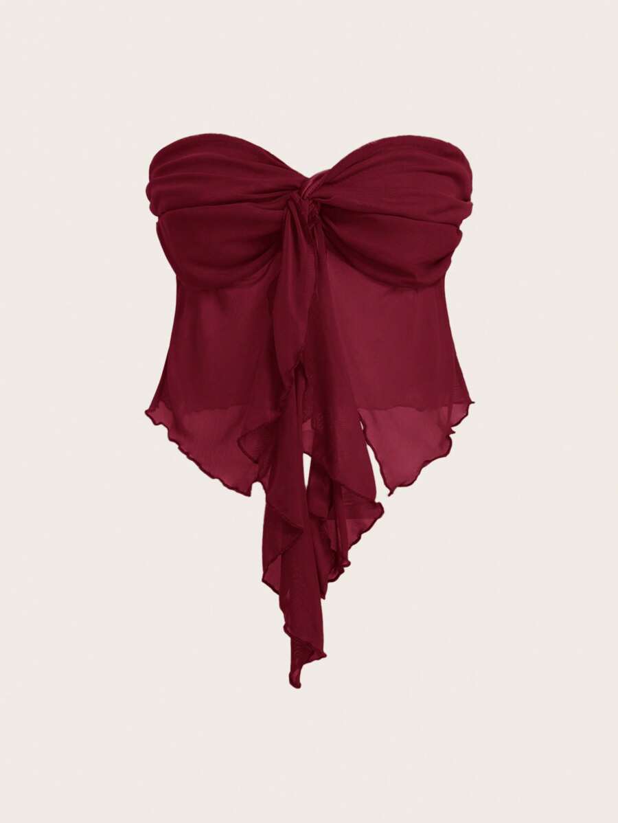 SHEIN EZwear 女士夏季新款勃艮第色网眼扭纹抹胸上衣 - 玫瑰紅 - 查看 1