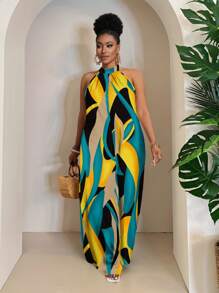 Veslaya Plus Size Vacation Textured Color Block Print Casual Loose Halter Jumpsuit, Suitable For Summer