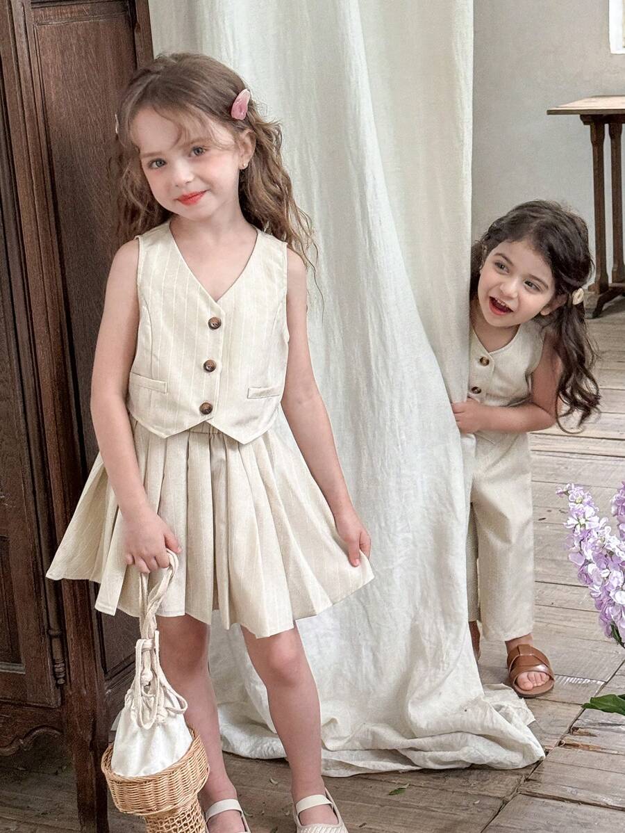 LMoss Kids 2 pezzi Set giovane ragazza, completo con gilet in tinta unita e gonna a-line