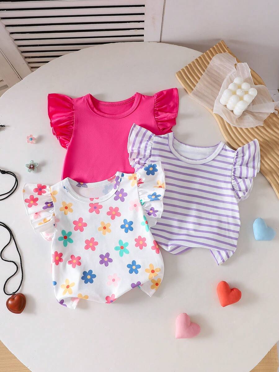 SHEIN Playful Pals Bộ 3 chiếc/Bộ Áo thun cổ tròn in họa tiết trái tim và sọc nhiều màu sắc, mềm mại, dễ thương, hàng mới về mùa xuân/hè - Nhiều màu - Xem 1
