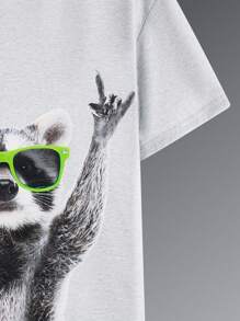 Tween Boy Cute Cartoon Animal Print Round Neck Knit T-Shirt - Light Grey - View 4