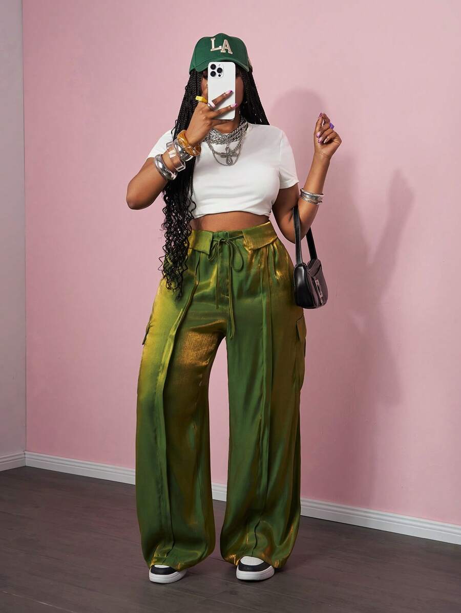 Slaydiva 2025 春夏新款音乐节 & 街头 & 度假阔腿裤女士宽松修身翻领腰部装饰工装口袋加大码 - Z