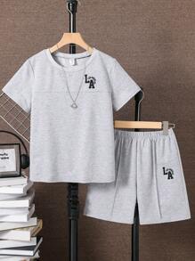 SHEIN 2pcs/Set Tween Boy Casual College Style Color Block Hoodie Shirt & White Shorts Set, Suitable For Commuting, School, Daily Casual Wear, Sports, Spring/Summer
