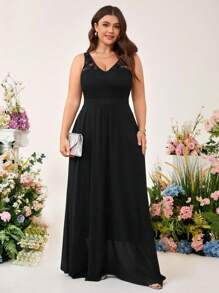 Allurite Plus Size Women Off-Shoulder V-Neck Waist Gathered Flowing Dress, Slimming & Elongating, Versatile & Fashionable Summer Wear - Black - View 4