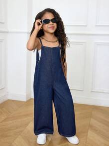 SHEIN 年轻女孩深蓝色牛仔连体裤 - 深色水洗藍 - 查看 6