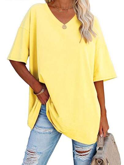 EMERY ROSE Plus Size Solid Half Sleeve T-Shirt, Casual V Neck T-Shirt For Summer, Women's Plus Size Clothing Graphic Tees Women Tops