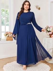 Modelyn Plus Size Women Elegant Pearl Rhinestone Decor Bodycon Round Neck Event Dress Fall Cloth For Women - Navy Blue - View 1