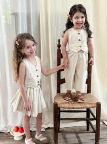 LMoss Kids 2 pezzi Set giovane ragazza, completo con gilet in tinta unita e gonna a-line